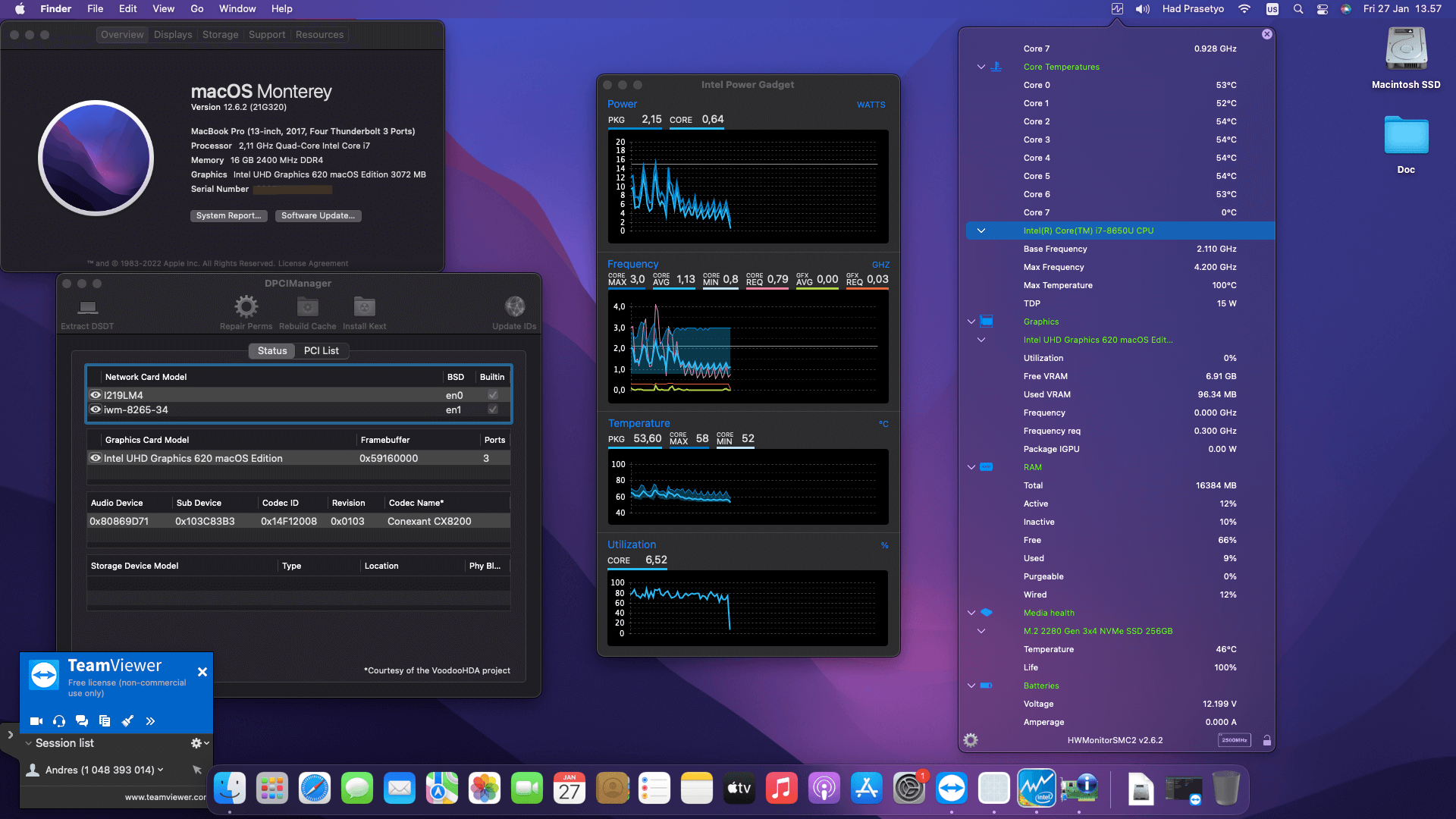 Success Hackintosh macOS Monterey 12.6.2 Build 21G320 in HP EliteBook 830 G5